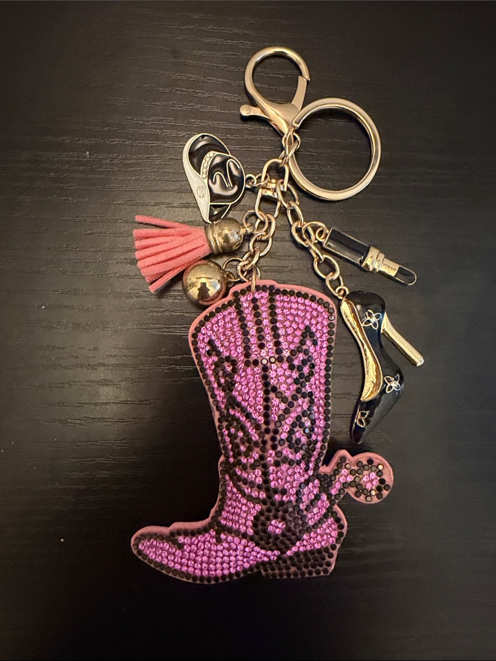 Inspired Pink Rhinestone Cowboy Hat and Boot Keychain with High Heel Charms